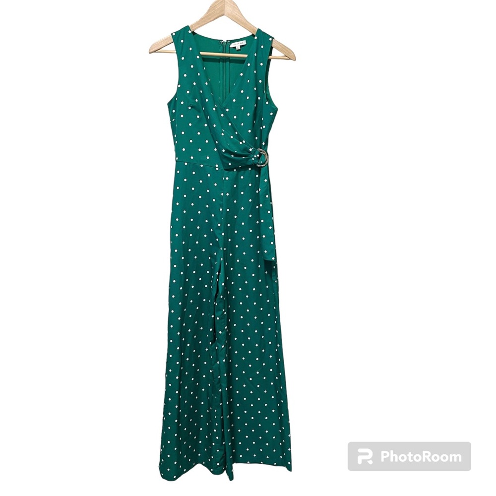 Skies Are Blue Jumpsuit | Green Polka Dot Faux Wrap Front Jumpsuit